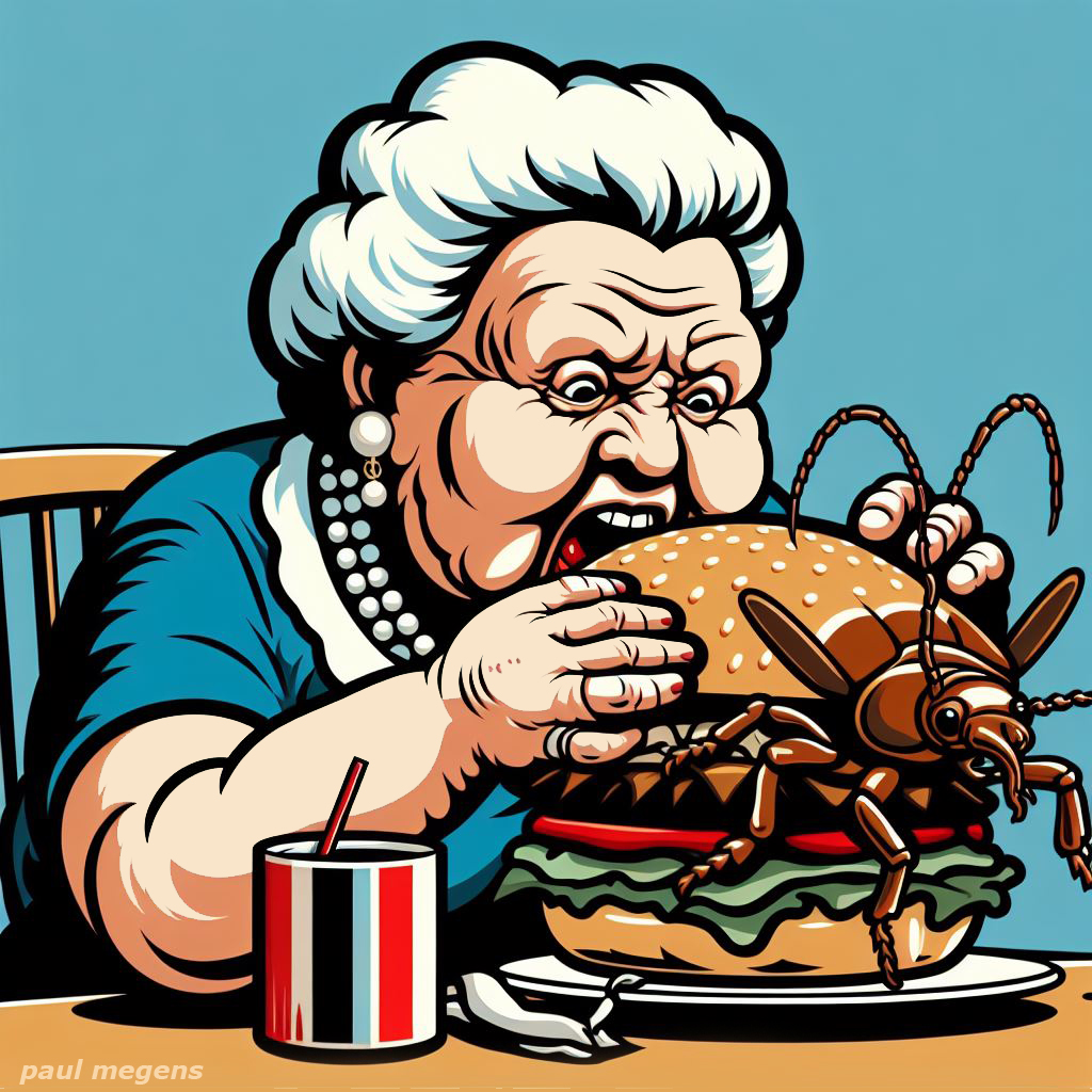 grandma eating a big bug burger